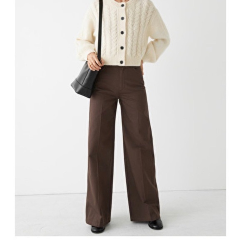 & OTHER STORIES High Waist Flared Cotton Pants, Brown, Size 2, Stockholm Atelier
